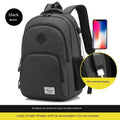 Grey lightweight nylon USB charging backpack with trolley sleeve, shown next to a phone and power bank.
