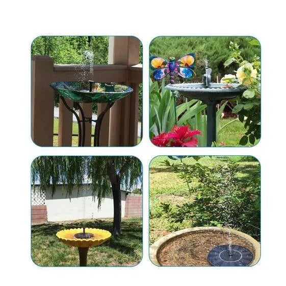 Black solar-powered fountain pump with multiple nozzles on a small pond or bird bath.