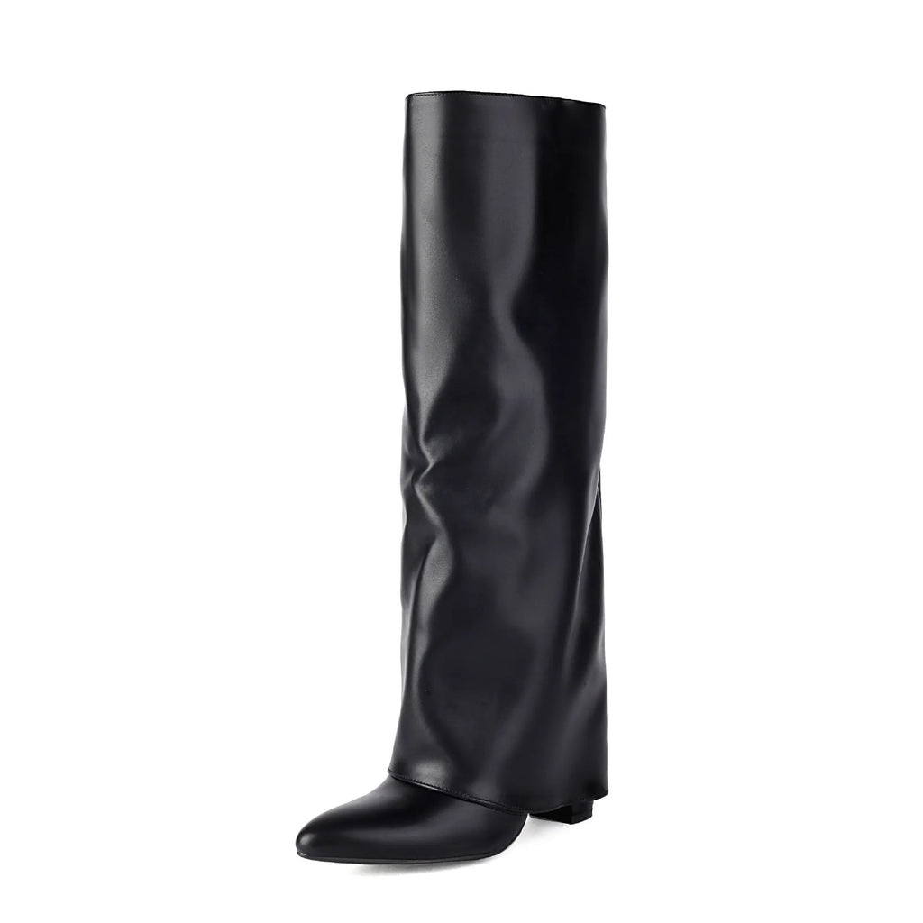 Women's plus size thick high heel boot in black with high cylinder sock and sewing line detail