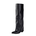 Women's plus size thick high heel boot in black with high cylinder sock and sewing line detail