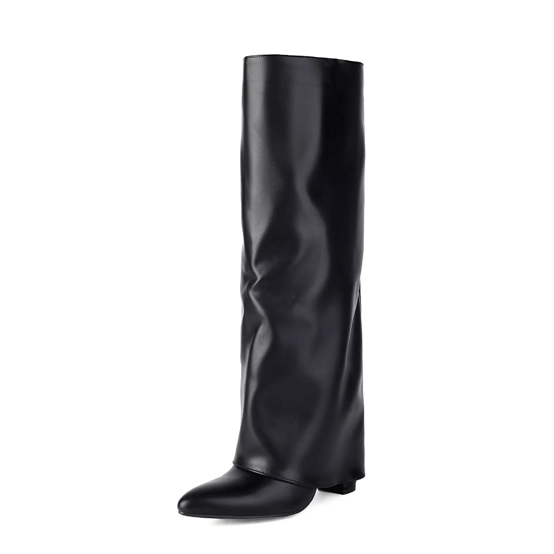 Women's plus size thick high heel boot in black with high cylinder sock and sewing line detail