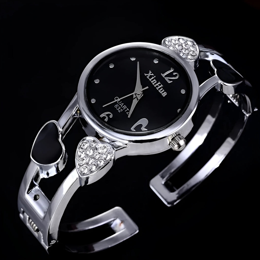 Women's quartz watch set with diamond accents black round dial stainless steel case alloy strap pin buckle