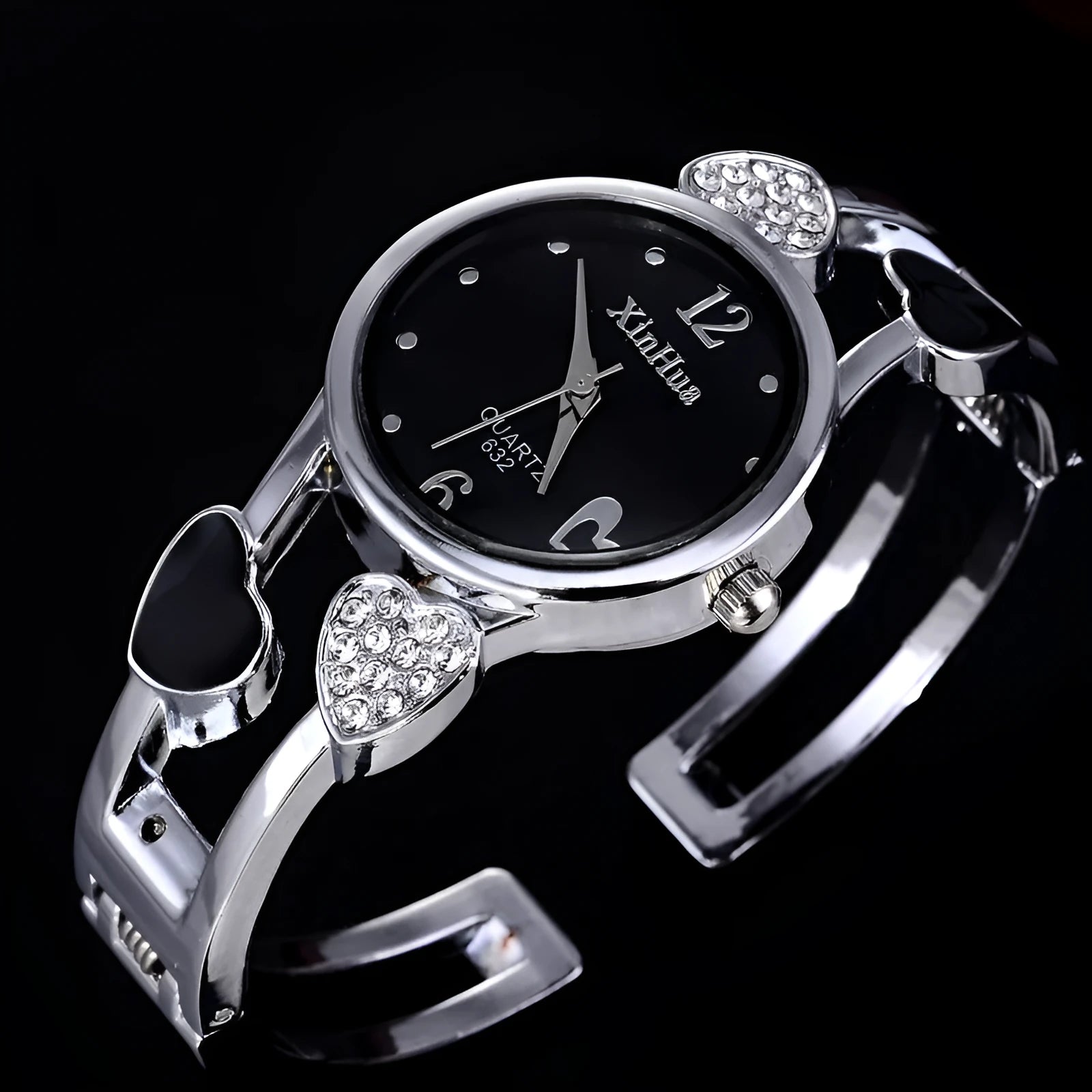 Women's quartz watch set with diamond accents black round dial stainless steel case alloy strap pin buckle