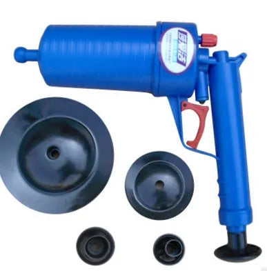Plastic high-pressure drain blaster gun with four different sized rubber suction adaptors for unblocking pipes.
