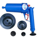 Plastic high-pressure drain blaster gun with four different sized rubber suction adaptors for unblocking pipes.