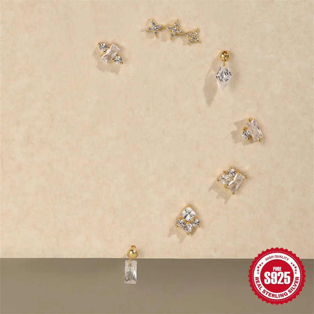 S925 sterling silver red earrings with flower design and square gravel stud elements