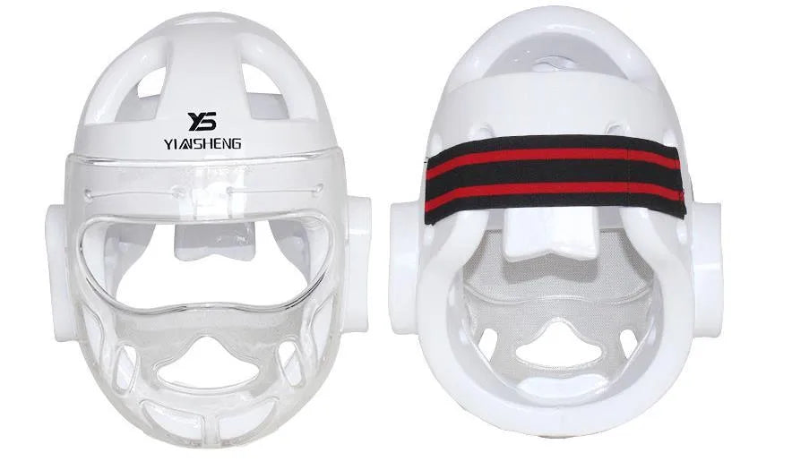Blue, red, or white karate protective helmet for boxing head guard safety equipment.