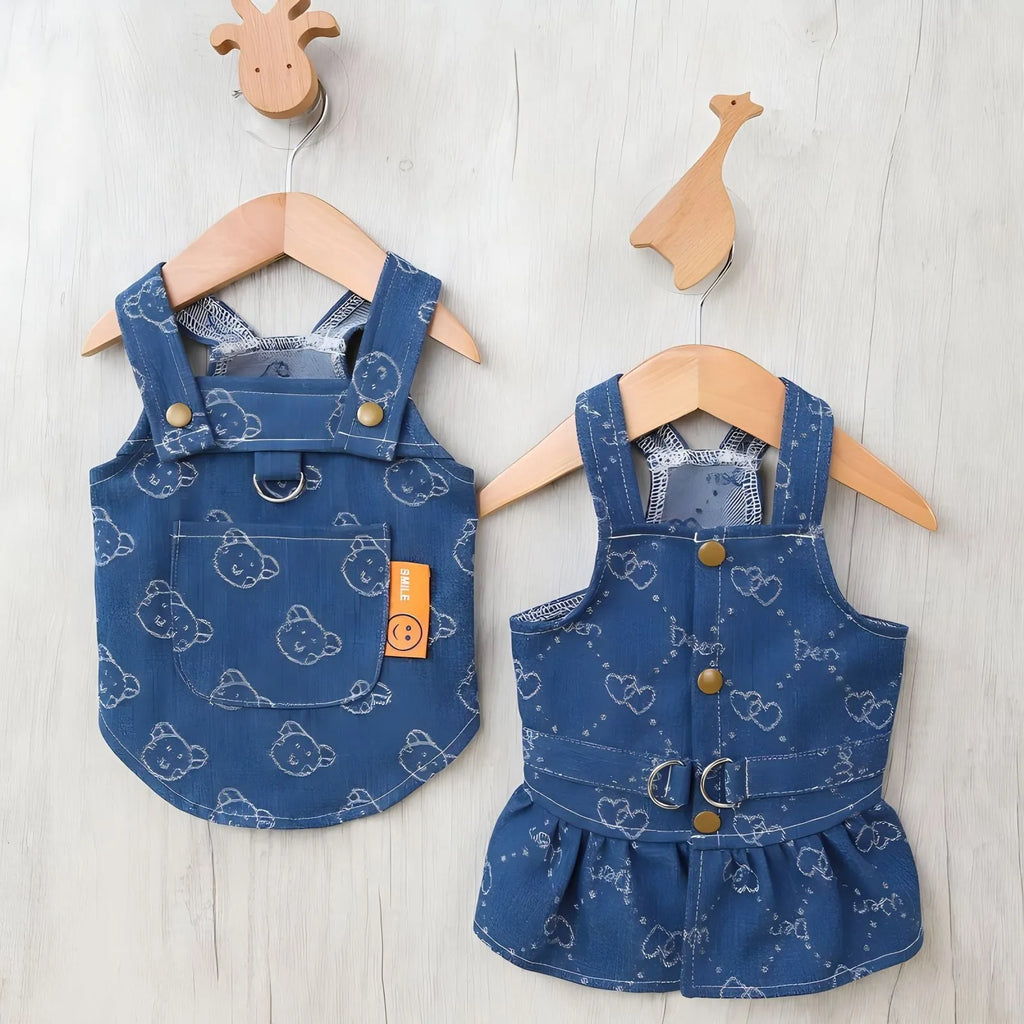 Teddy Bichon wearing thin denim princess dress in bracket-skirt style