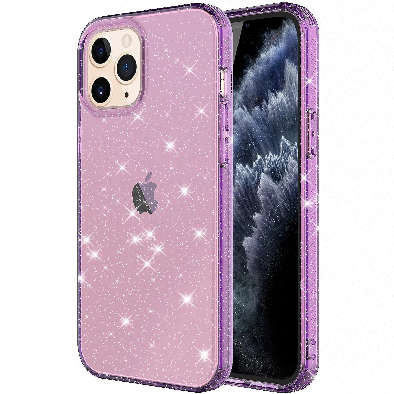 Glitter transparent TPU phone case for Apple iPhone 12 Pro Max in pink, black, purple and clear colours.