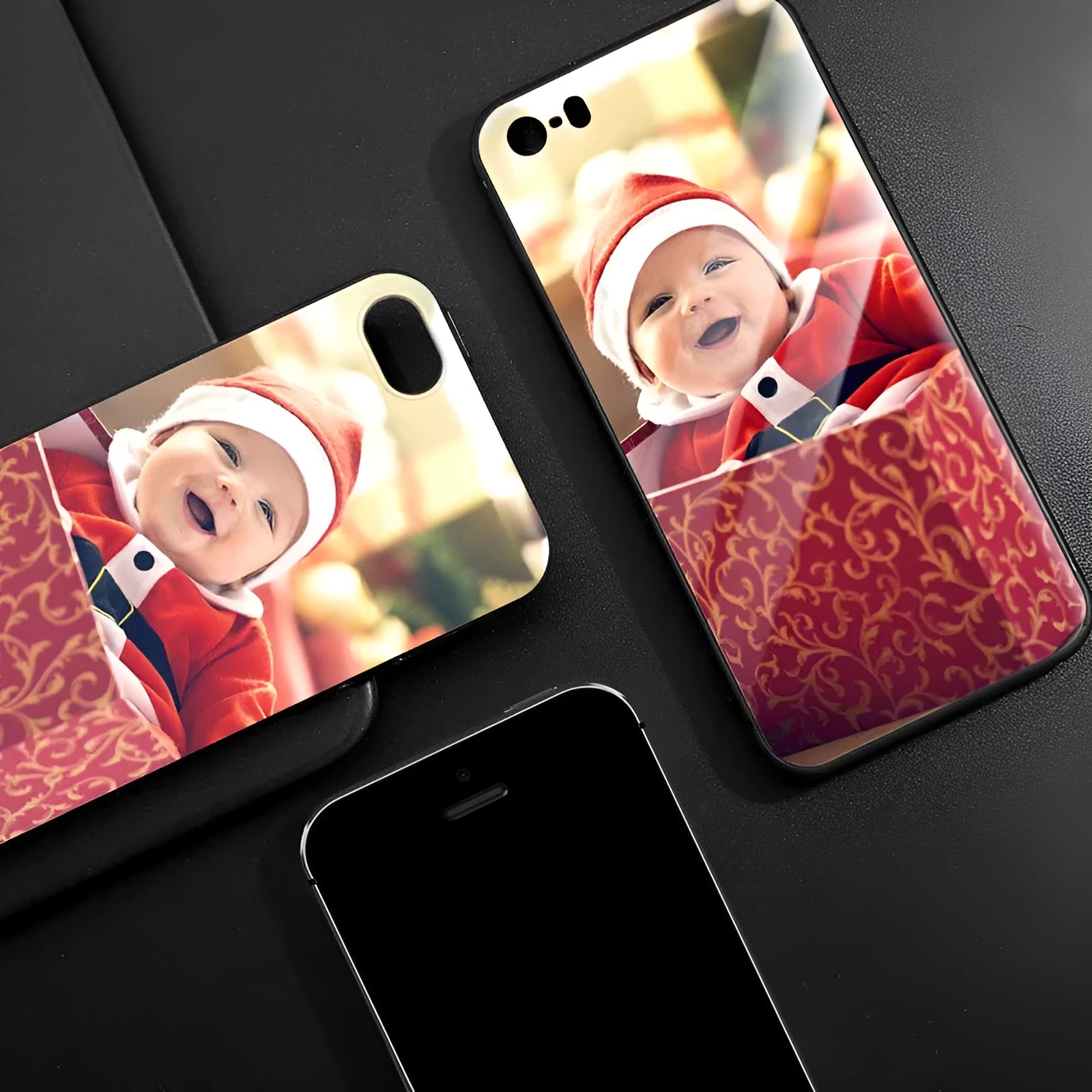 Patterned ultra-thin iPhone case with raised camera bumper edge on a table.