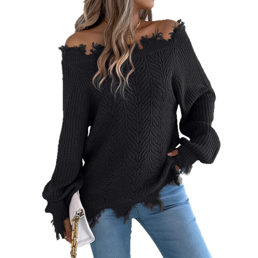 Women's white hollow-out knit pullover sweater with an off-the-shoulder neckline