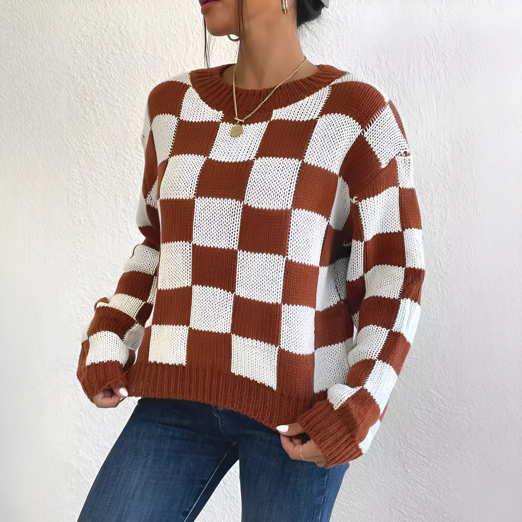 Dark brown plaid pattern men's acrylic pullover sweater with round neck and long sleeves.
