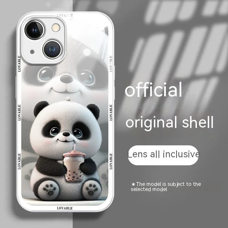 Glass liquid silicone phone case with panda design for iPhone, black and white colour options
