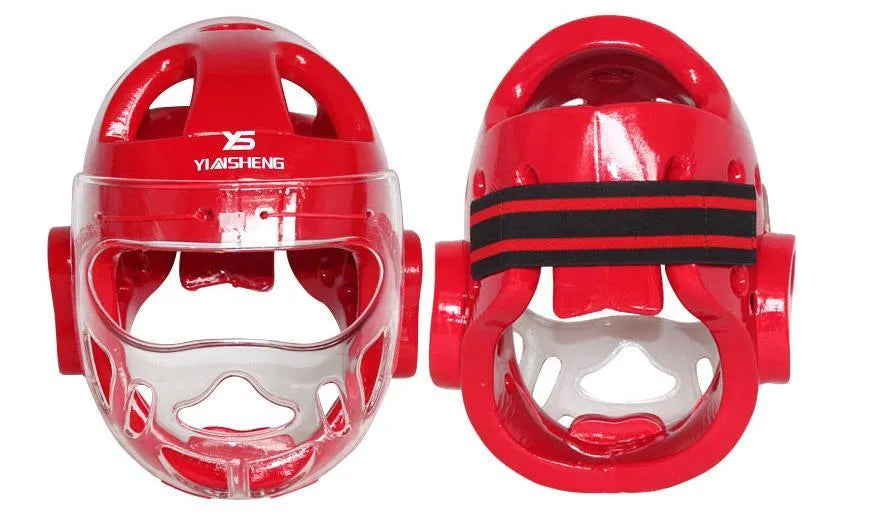 Blue, red, or white karate protective helmet for boxing head guard safety equipment.