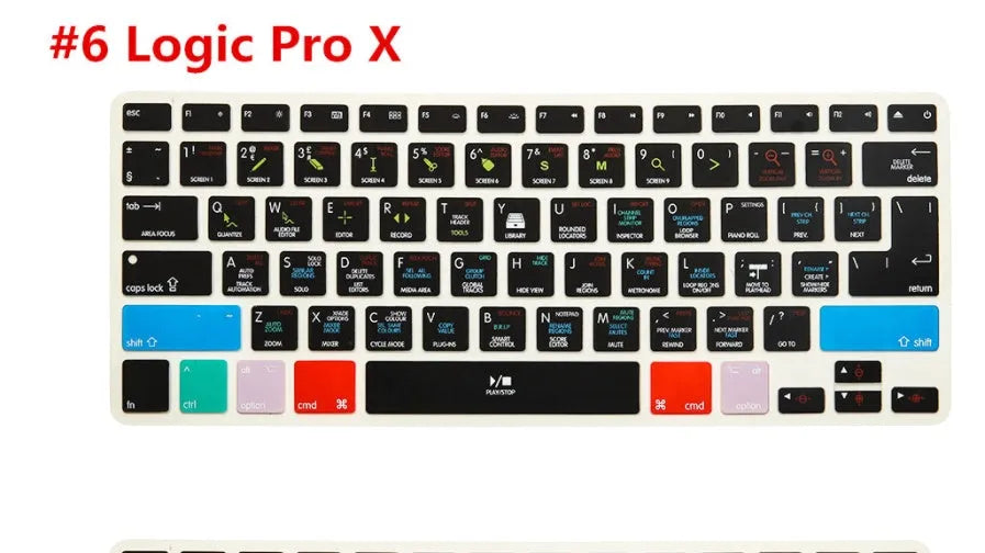 Silicone keyboard film for MacBook Pro and MacBook Air showing shortcut keys, 13 15 17 size options.