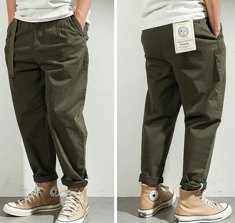 Men's Japanese retro loose tapered casual trousers in dark blue, wool blend fabric