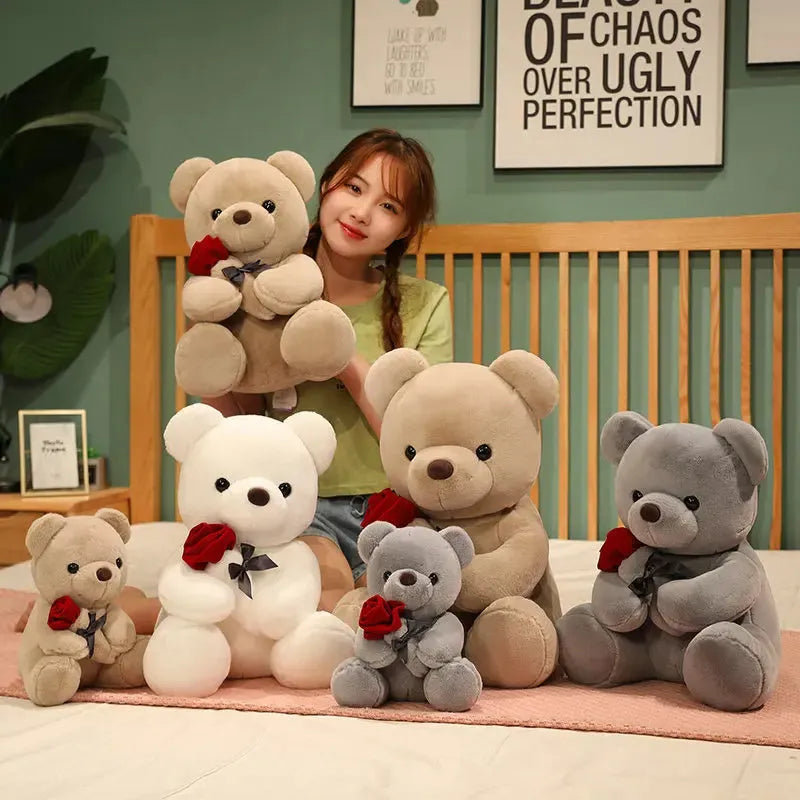 Soft plush teddy bear doll in beige, brown or grey with PP cotton filling, showing 23cm to 45cm size options