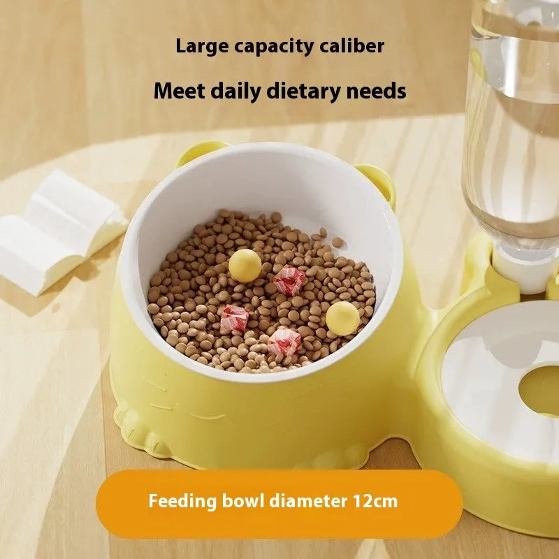 Haze blue automatic cat water fountain with ceramic bowl and plastic base.