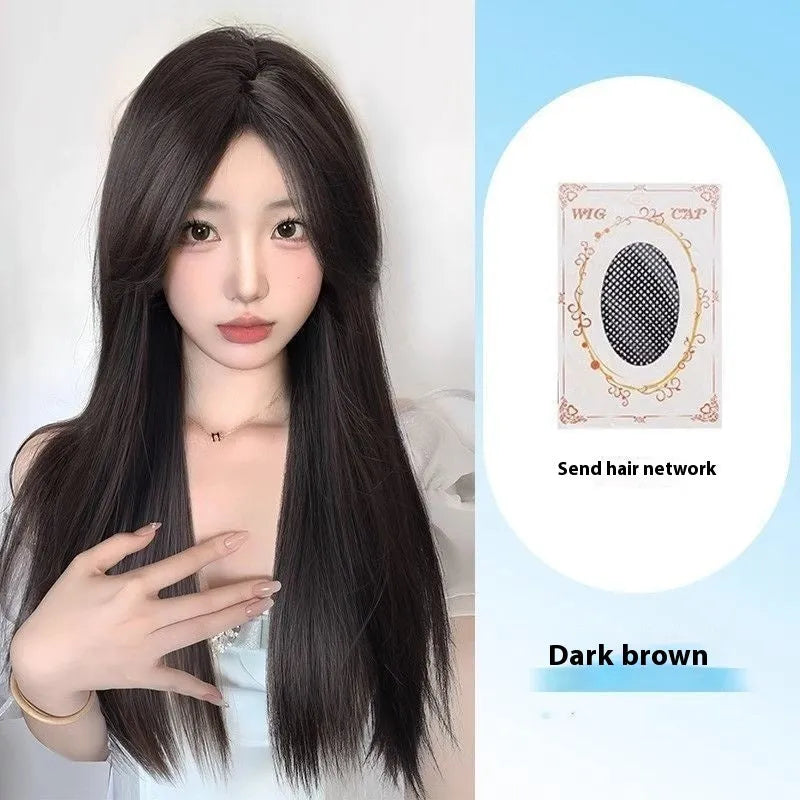 Forehead lace long straight wig with side bangs in high temperature fibre material