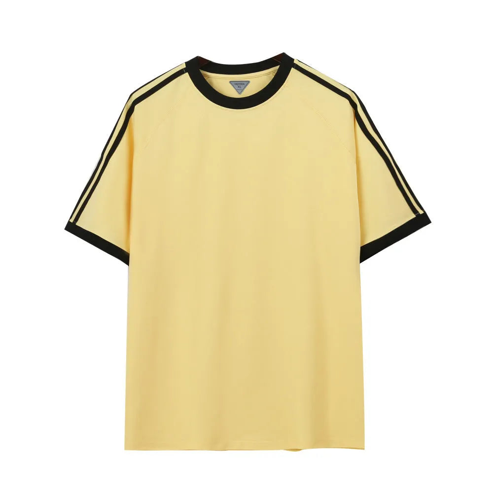 Unisex ice silk cotton stripes five-point top in loose fit, available in multiple colours and sizes S to 2XL