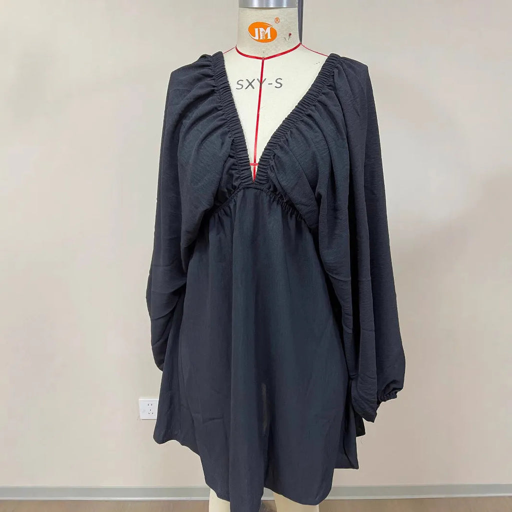 Women's V-neck long sleeve dress with puff sleeves and flounced swing skirt in solid colour