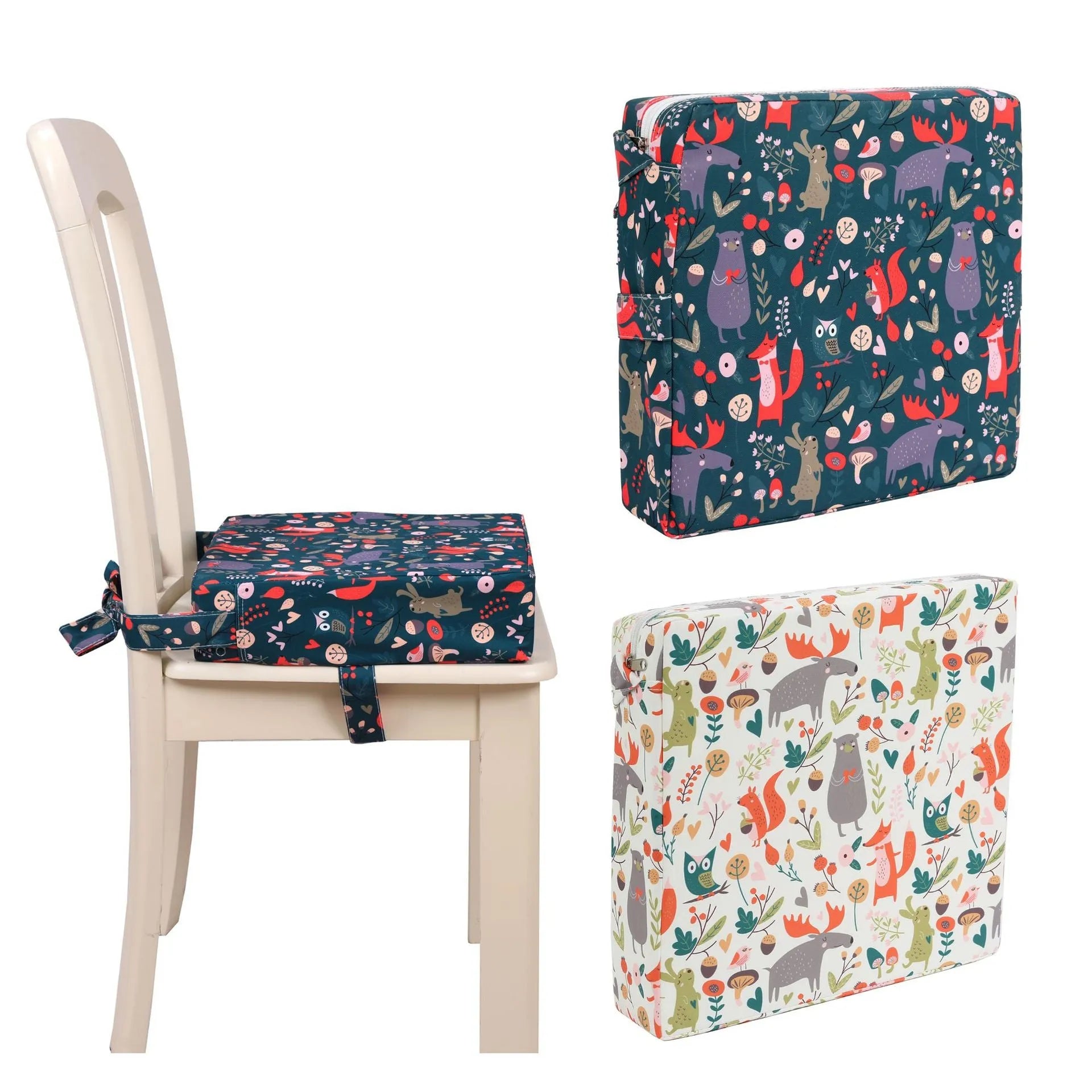 Children's portable dining chair booster seat with Happy Animals dark green background and seat cushion