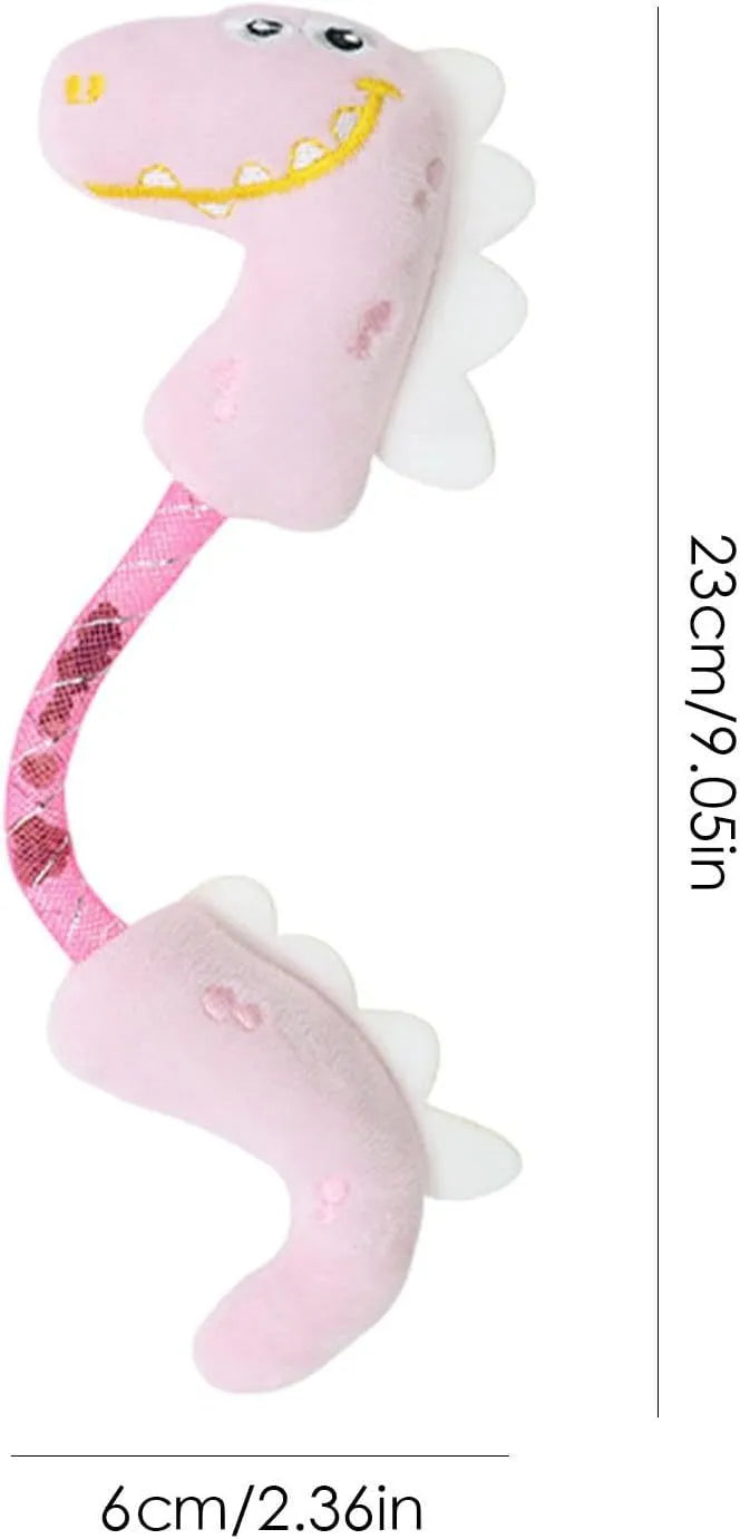 Set of four cat toys: plush chew toy, catnip rope, spring, and kicker toy on a pink background.