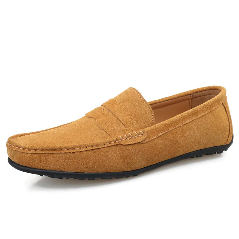 Men's solid colour suede slip-on loafers with round toe and flat rubber sole