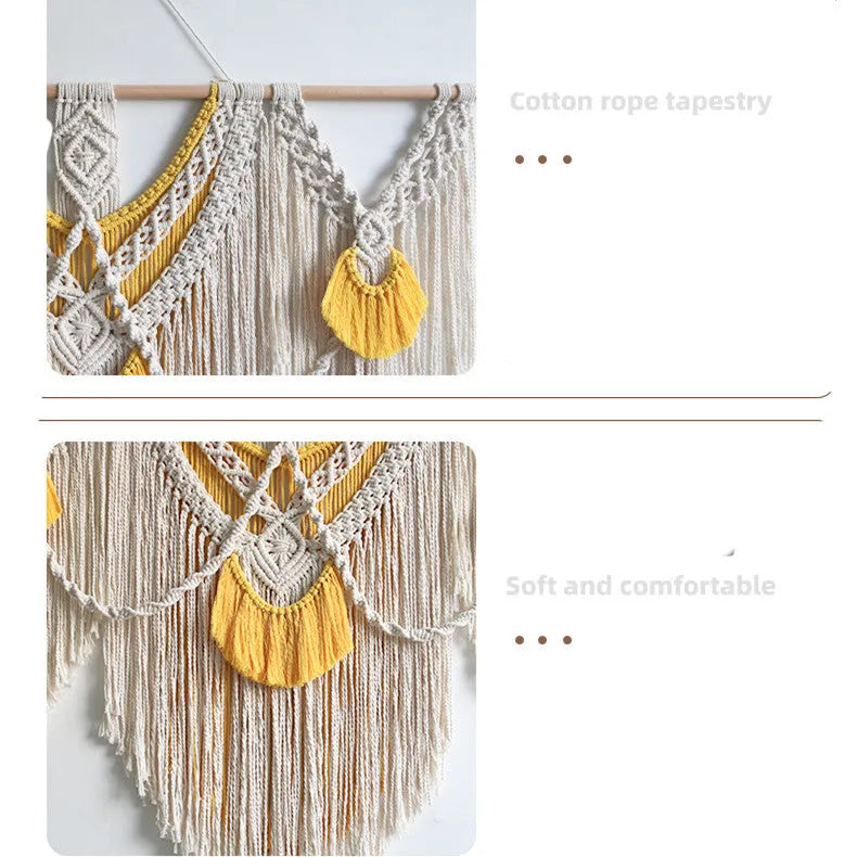 Nordic style hand-woven cotton tapestry rectangular wall hanging creamy white with yellow accents 120x95cm