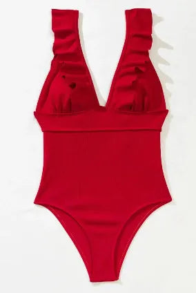 Women's black one-piece swimsuit with ruffled adjustable shoulder straps and back lace fastening.