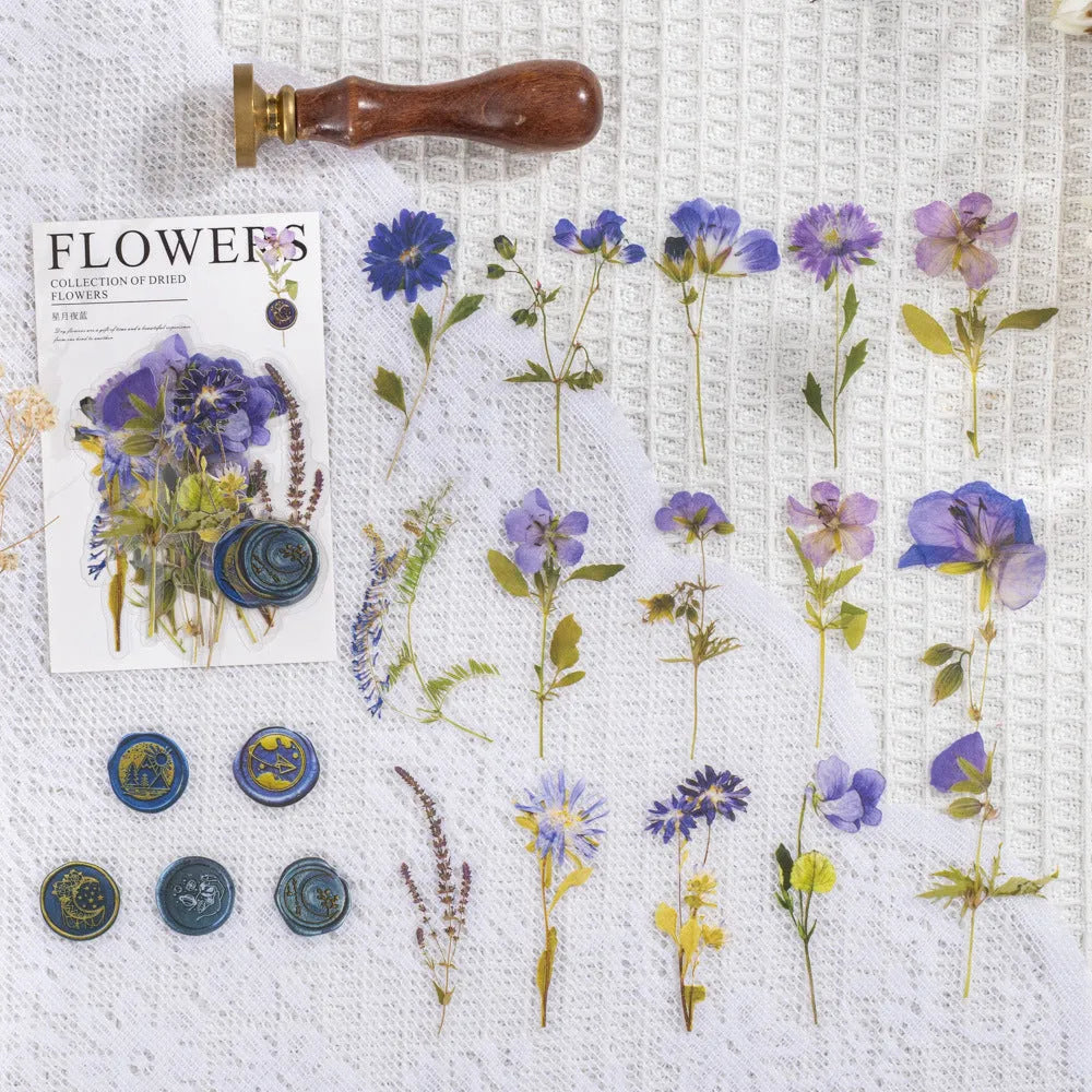 Set of 40 printed PET decorative stickers showing eight artistic styles including dried flowers and leaf specimens.