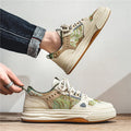 Men's canvas casual shoes in Milan green and beige colours with flat heel and round toe design