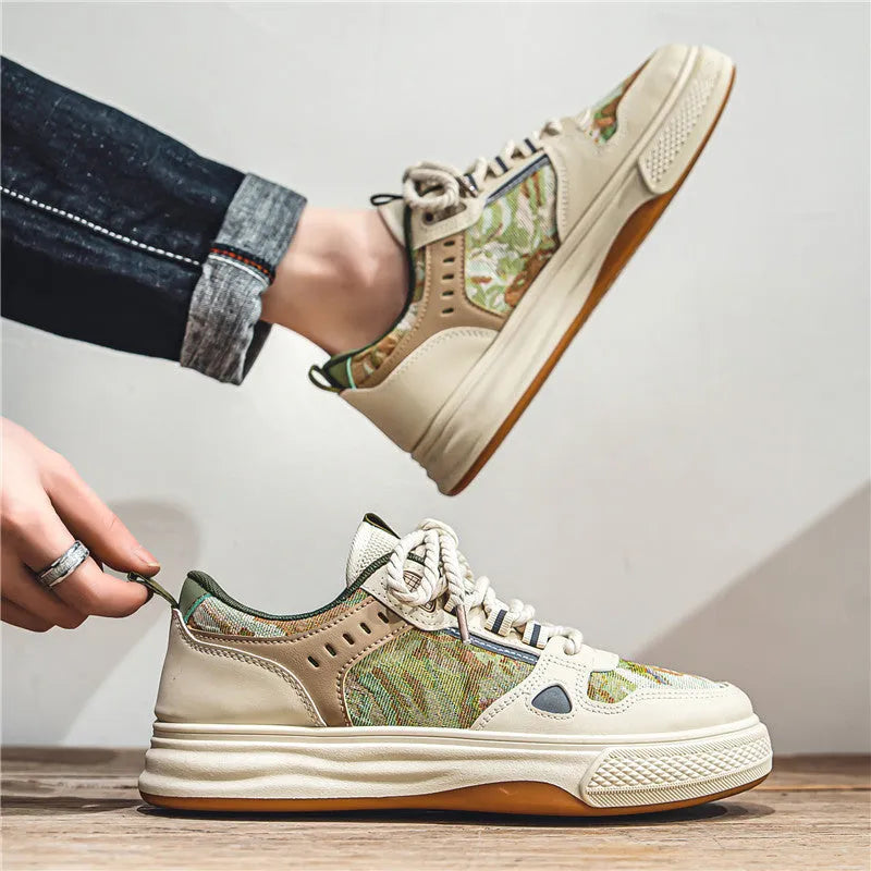 Men's canvas casual shoes in Milan green and beige colours with flat heel and round toe design