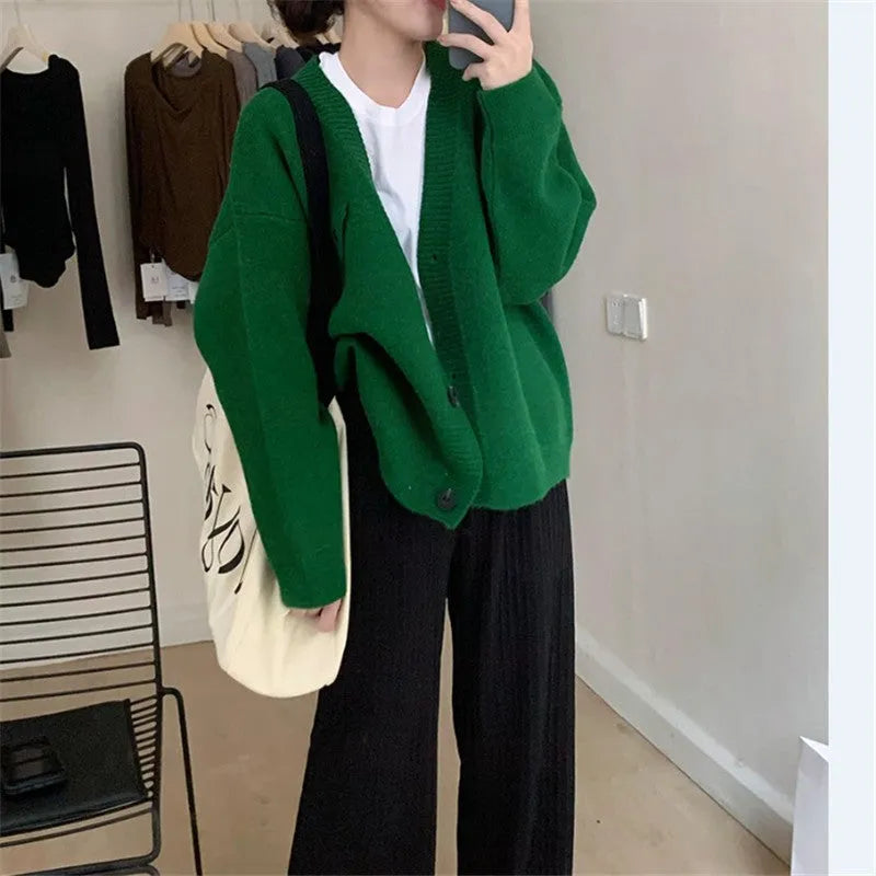 Loose solid colour cardigan top for women, long sleeves, available in khaki black gray green