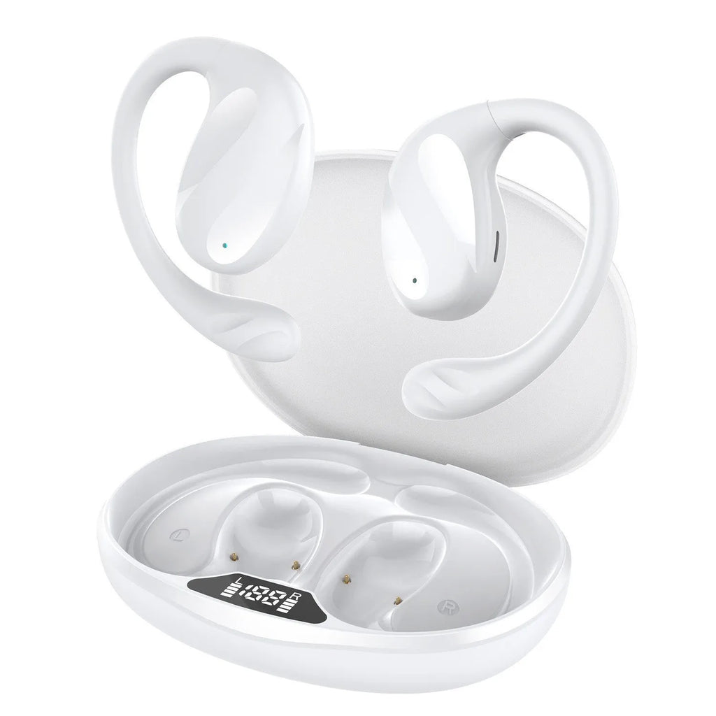 Wireless Bluetooth ear hook headset with digital display, ABS body, white colour, simple design