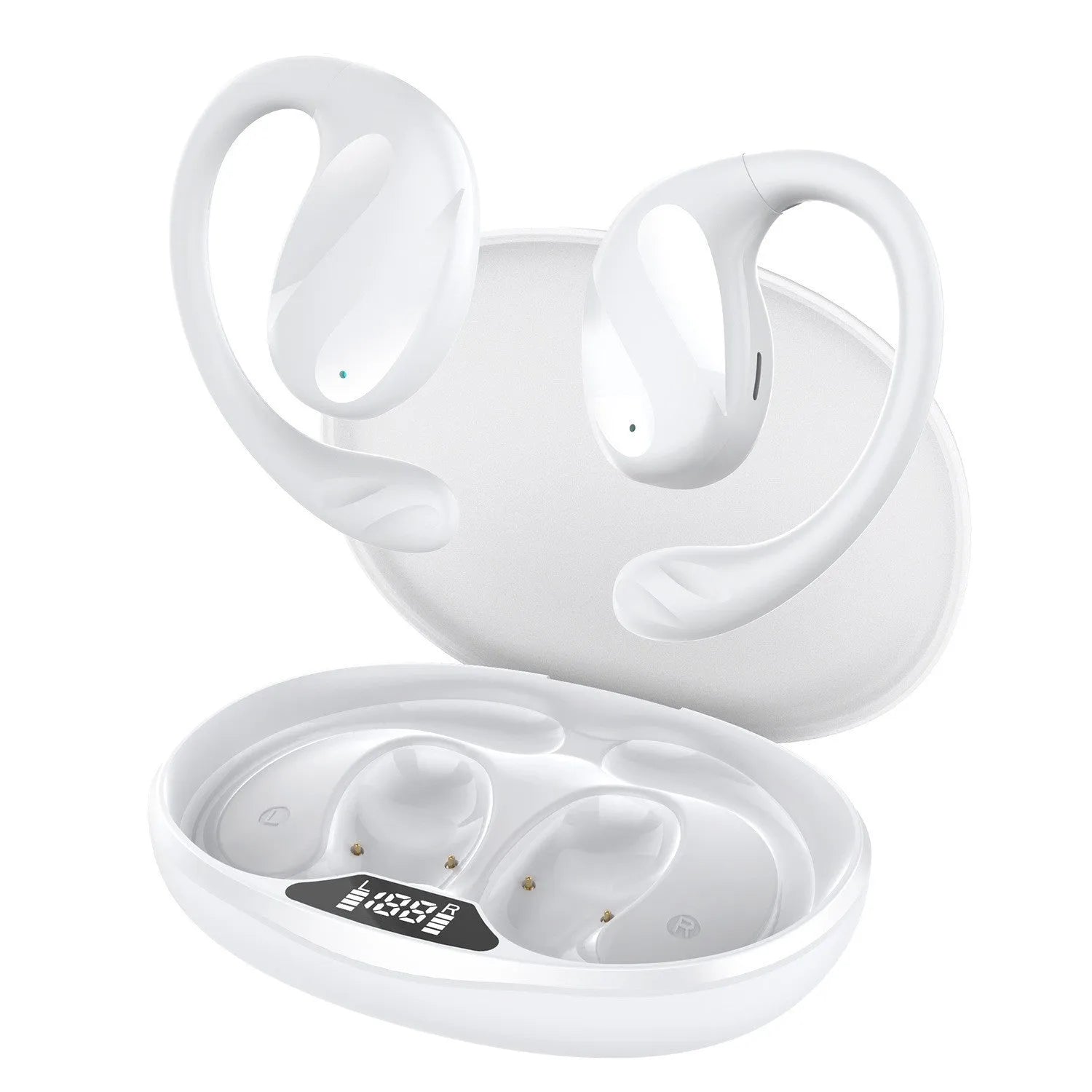 Wireless Bluetooth ear hook headset with digital display, ABS body, white colour, simple design