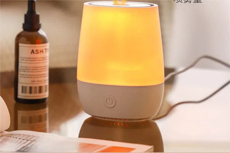 White USB aroma diffuser humidifier with flame effect, 138mm tall with Type-C connection