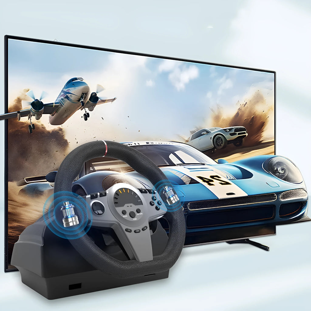 Black multi-platform USB steering wheel game controller with two pedals and vibration feedback.