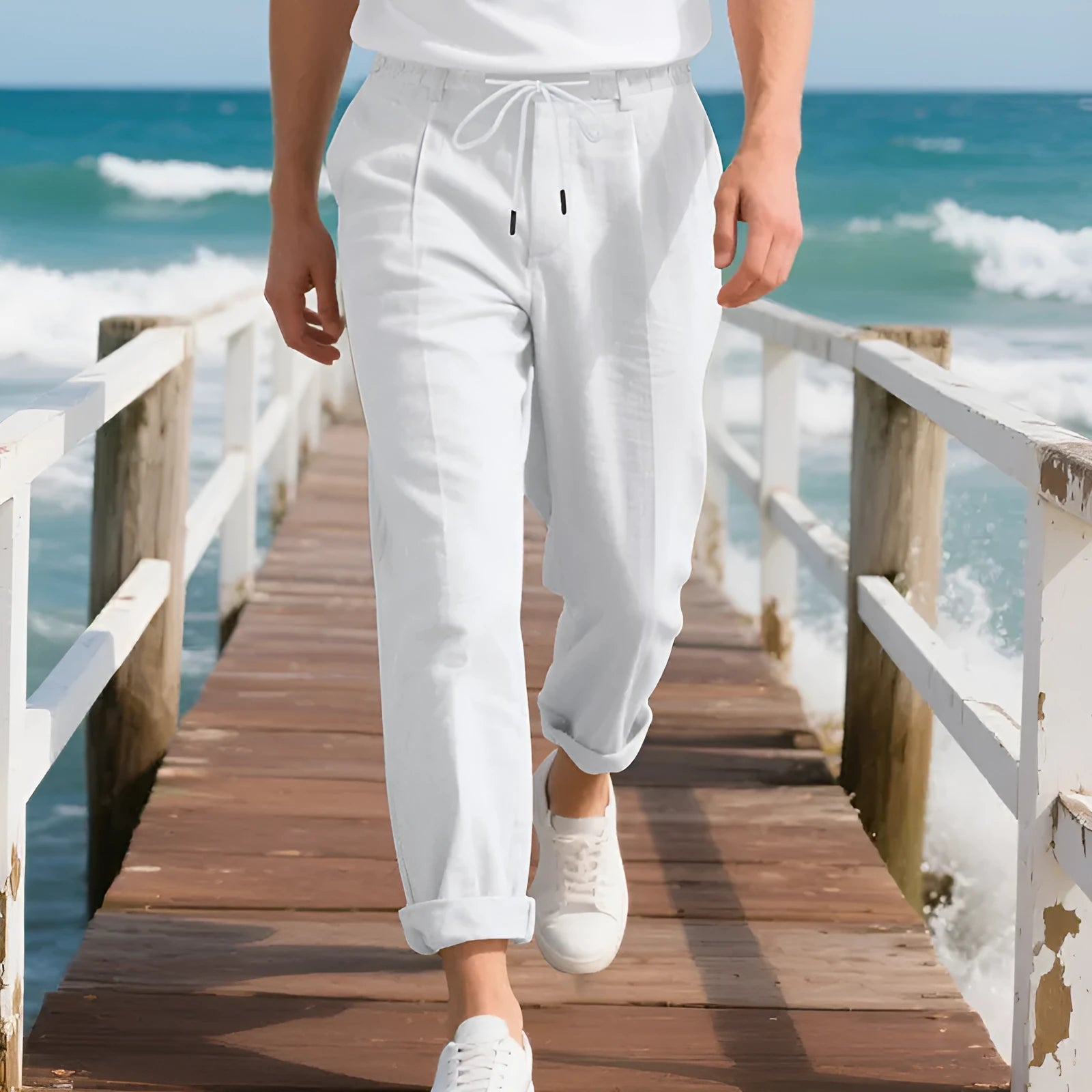 Man wearing light khaki linen casual trousers with a drawstring waist and straight-leg fit.