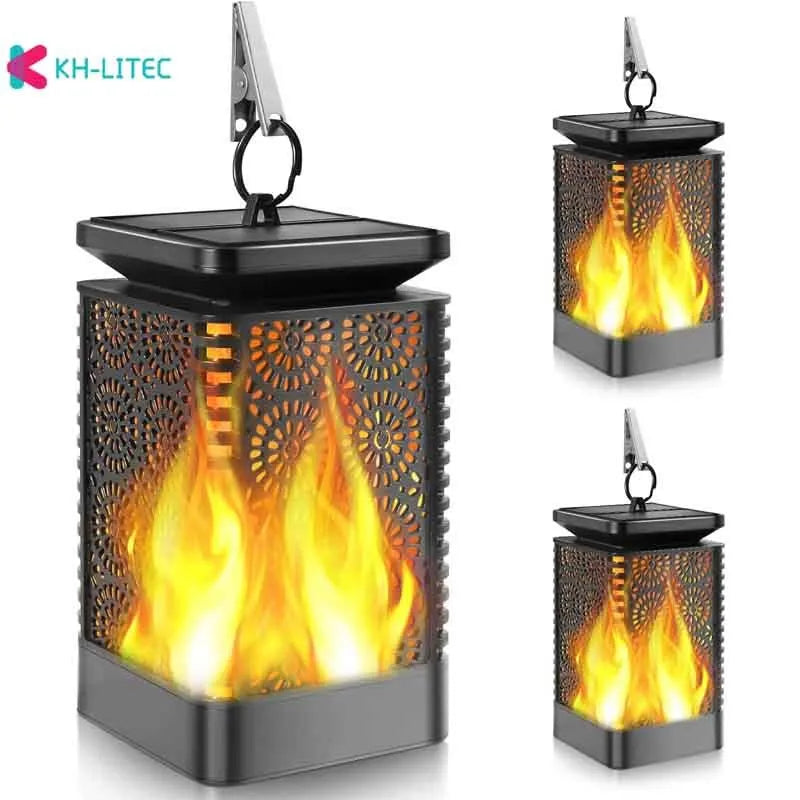 Black solar-powered hanging flame torch light for outdoor garden and patio decoration