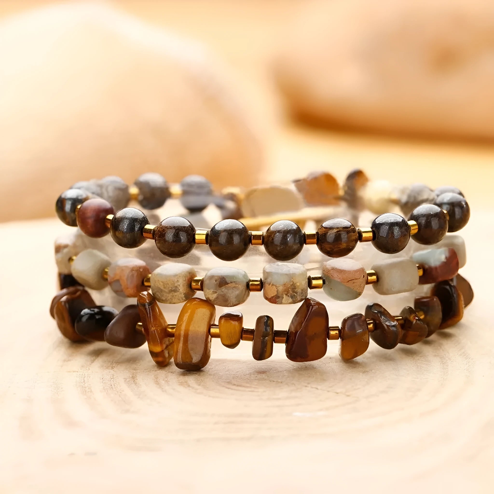 Tigereye stone and bronze geometric bracelet with glow ball design and texture details
