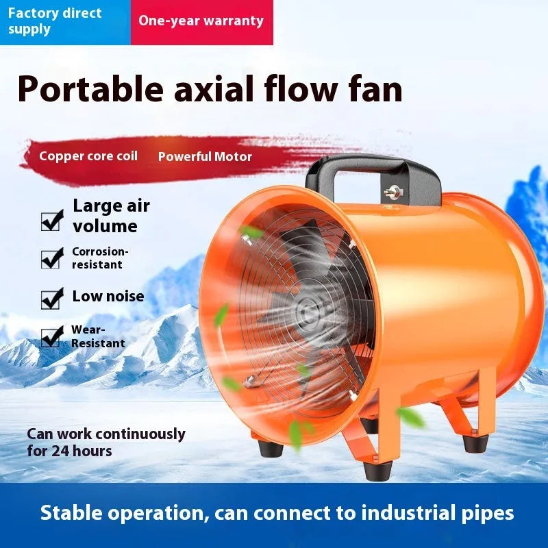 Portable 8-inch titanium steel industrial axial flow fan with a 5-metre air duct for ventilation.