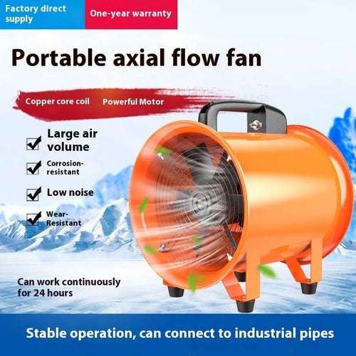 Portable 8-inch titanium steel industrial axial flow fan with a 5-metre air duct for ventilation.