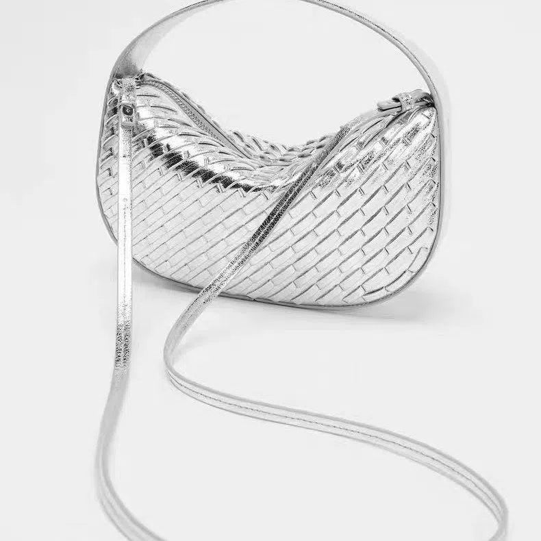Silver Korean-style PU crossbody shoulder bag with weaving detail horizontal rectangular shape