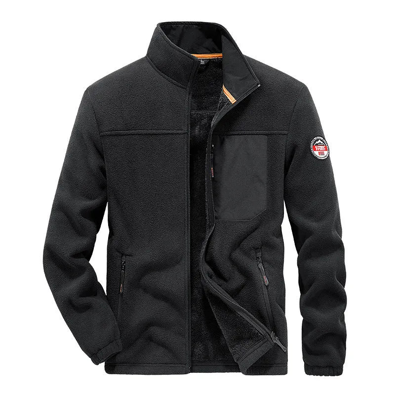 Men's grey thickened spandex fleece cardigan jacket with zipper pockets shown on a hanger