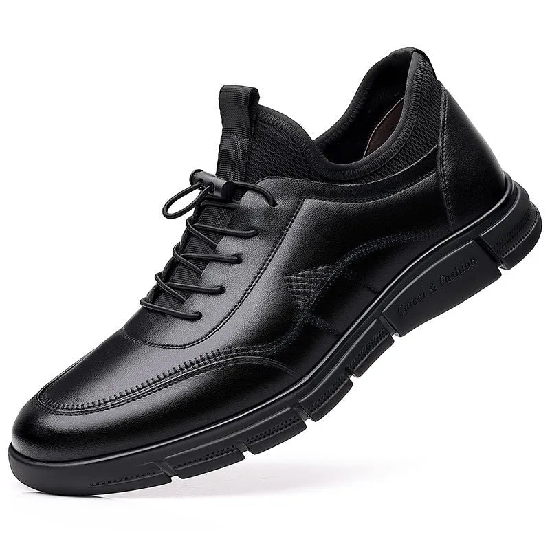 Men's black leather casual shoes with waterproof features and leather stitching details