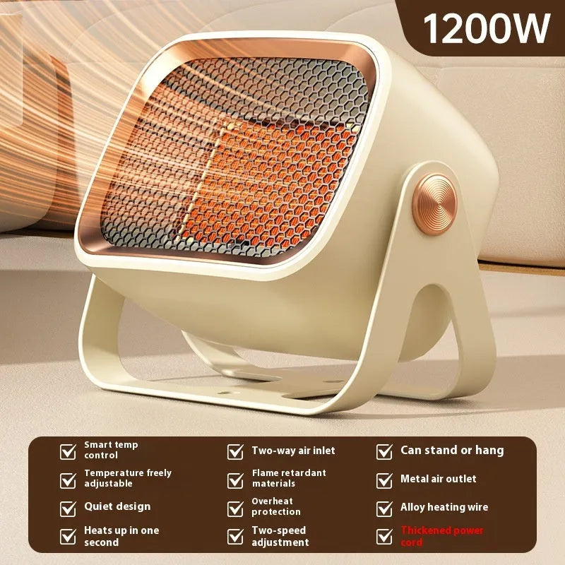 Compact white PTC ceramic desktop electric heater on a wooden desk.