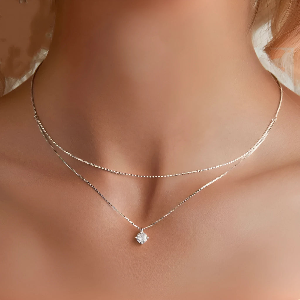 S925 sterling silver double-layer pearl chain necklace with shining pendant in silver colour