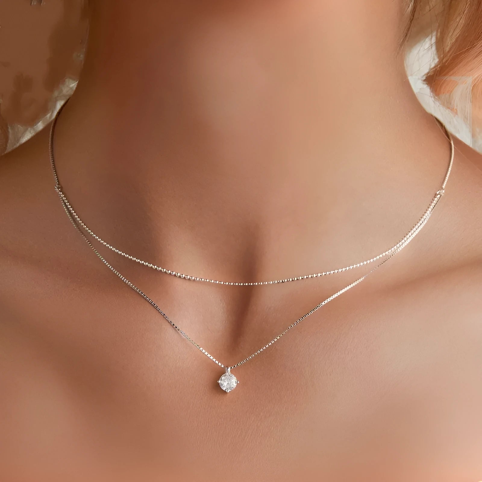 S925 sterling silver double-layer pearl chain necklace with shining pendant in silver colour