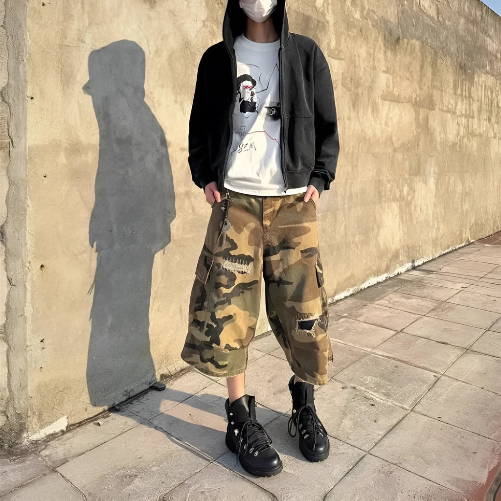 Men's camouflage cropped jeans with patch ripped detailing and straight leg cut